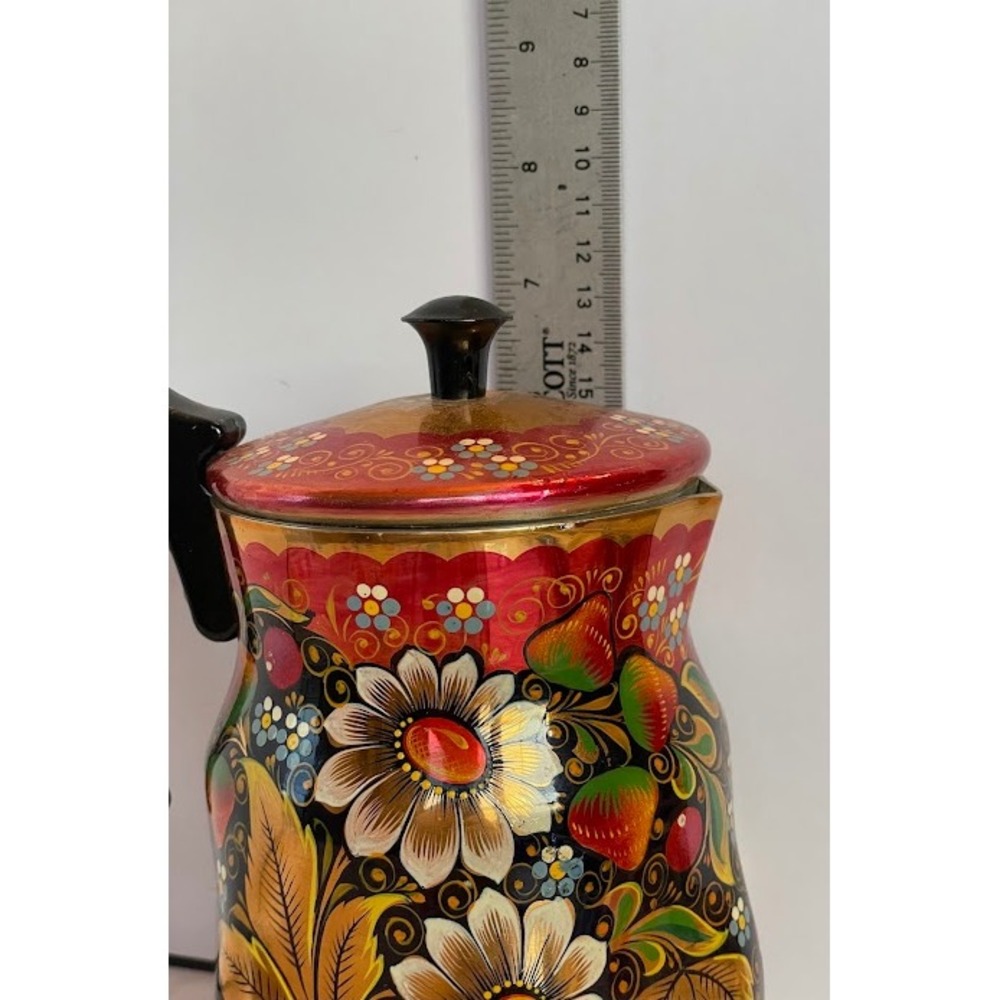 Vintage Russian Khokhloma Hand Painted Lacquer Floral Red Gold Jug Pitcher w Lid - Picture 12 of 16